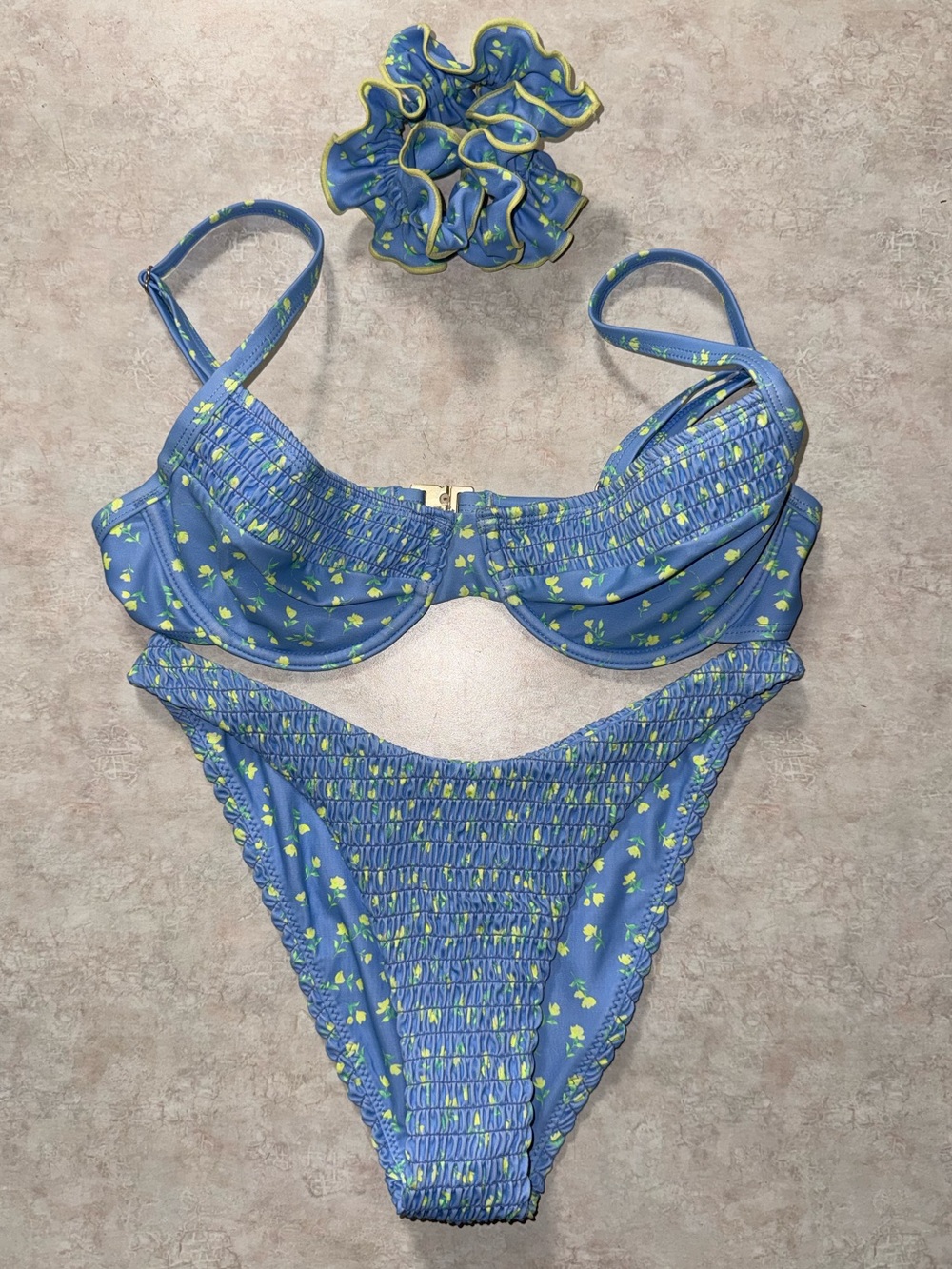 Kulani Kinis Blue Floral Smocked Bikini Set with Scrunchie
